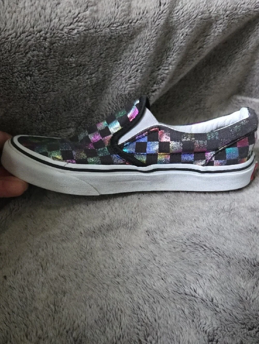 Vans Kids Size 2Y Slip-On Checkerboard Sneakers in Black with Iridescent Accents